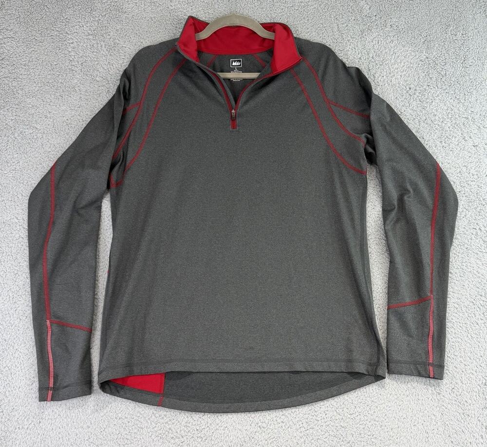 REI Men’s Performance Long Sleeve Size Large Gray/Red Pocket & Thumb Holes